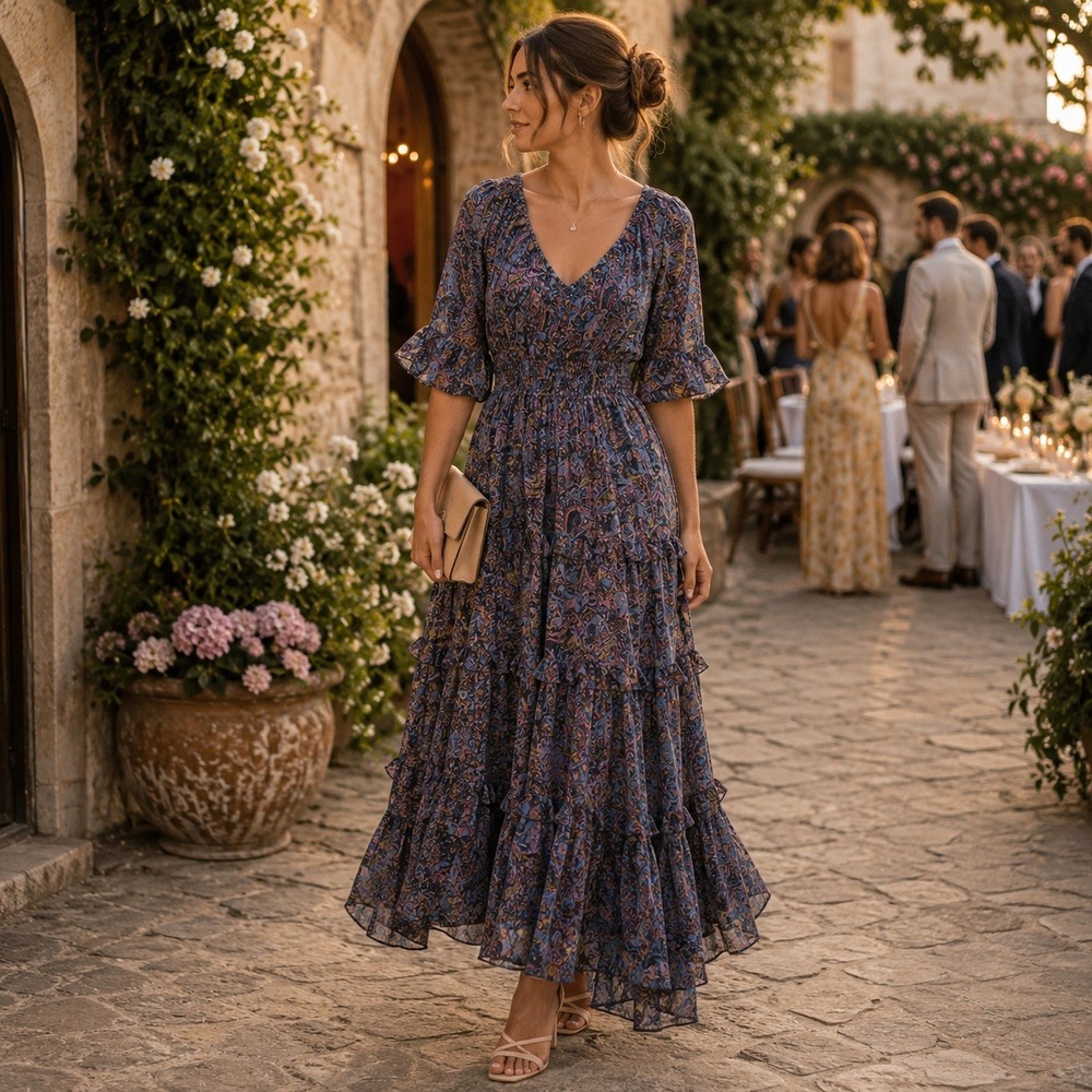 Cleobella Alessia Blue Purple Paisley Smocked Tiered Midi Dress Wedding Guest SM